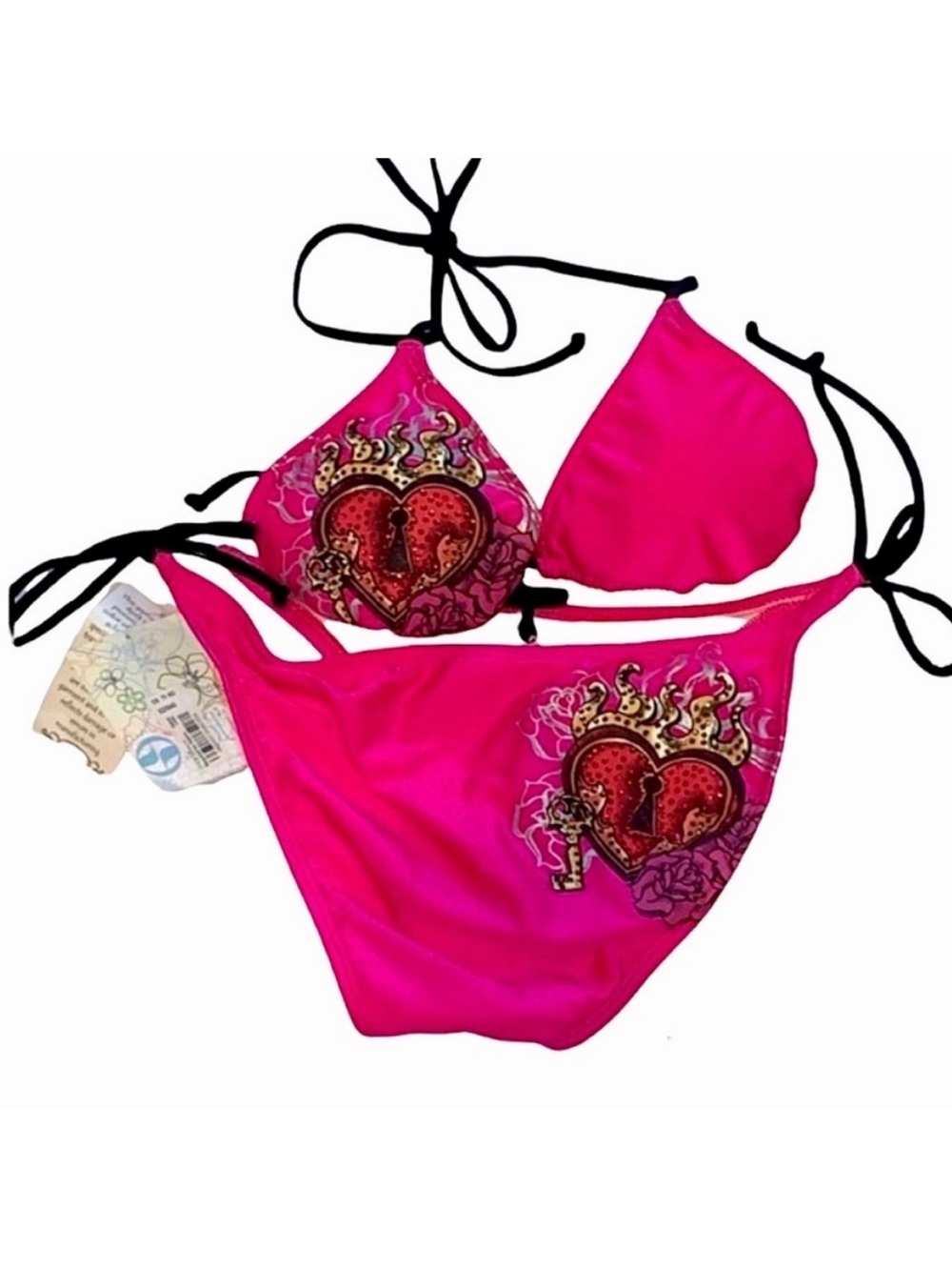 Y2K Split Bikini Tattoo Style Rhinestone Bling Locked Heart & Key Hot Pink Black